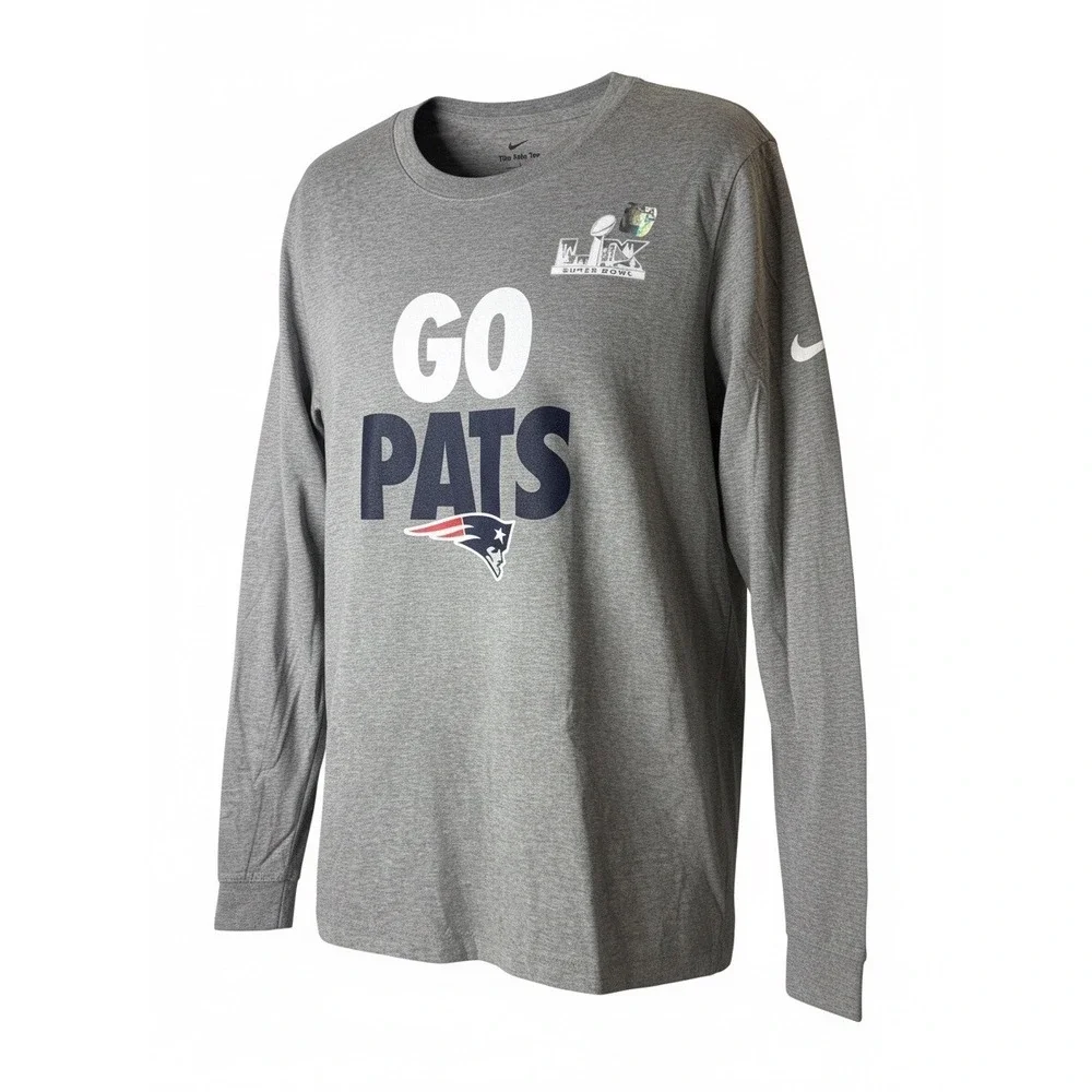 Nike New England Patriots Super Bowl LIX Go Pats Long Sleeve Gray Shirt Mens L